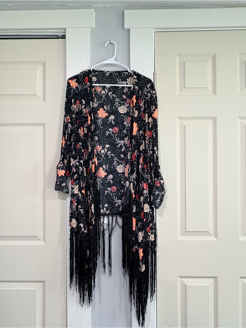 torrid Black Floral Fringe Kimono